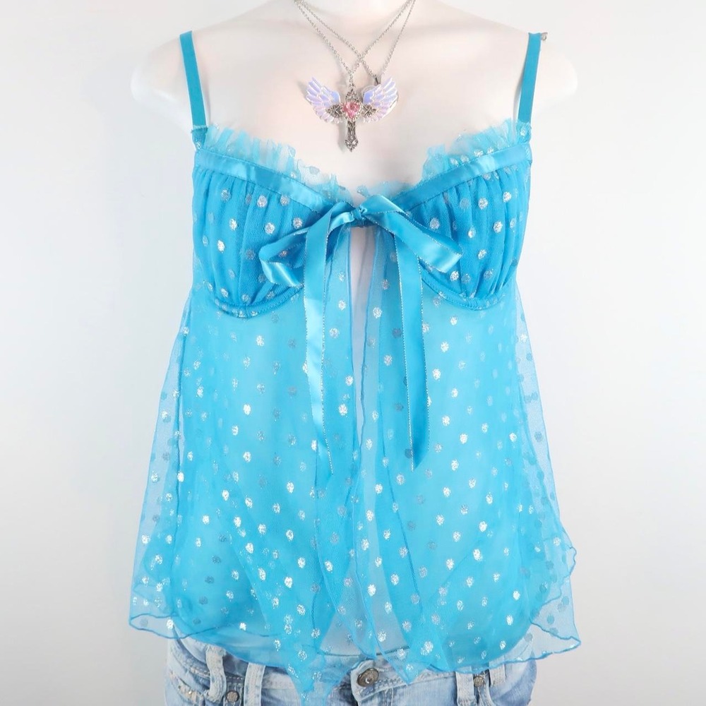 y2k victoria's secret turquoise blue sheer polka dot babydoll cami top
